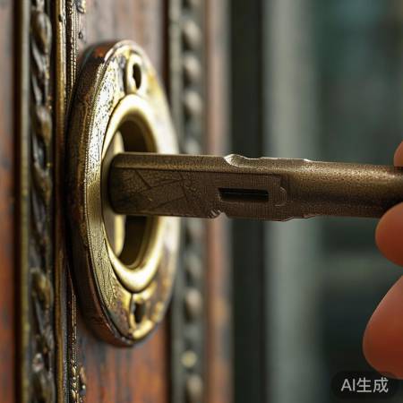 钥匙轻入锁孔,尖端对准凹槽。