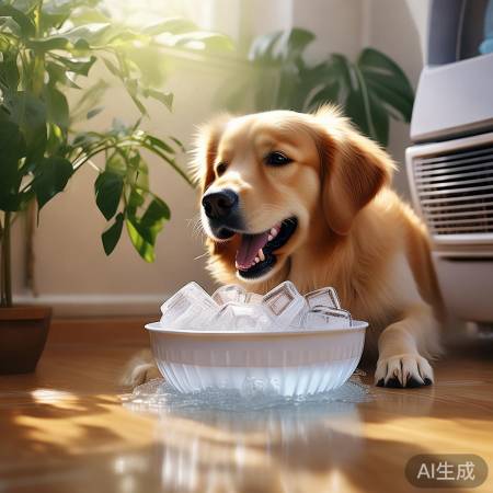 空调下,清凉水,冰块中,狗狗夏