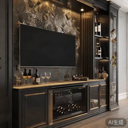影视墙配红酒柜,金银点缀酒文化