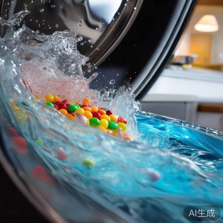 洗衣机高速溶解糖果除污。