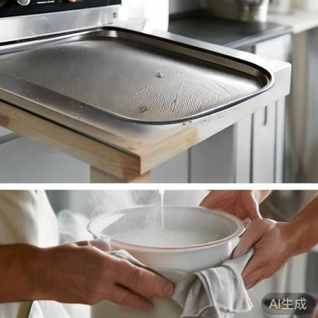 烟机清洗窍门:热水泡网,抹布擦