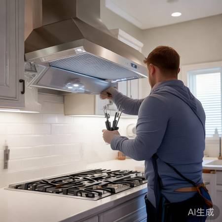 安装油烟机，吊杆固定，水平调整