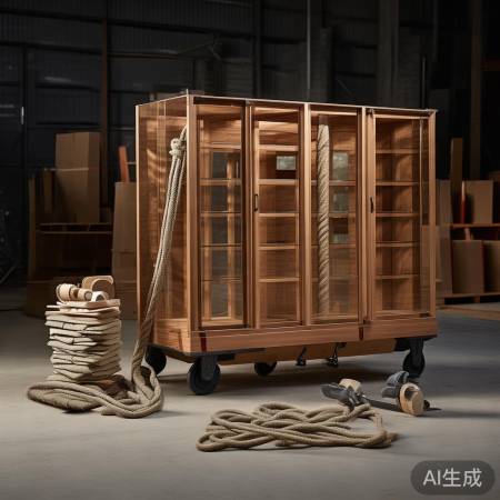 搬运红酒柜，手推车绳索保安全。