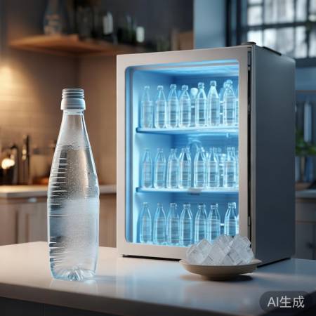 小冰箱装满新鲜矿泉水，爽口冰块